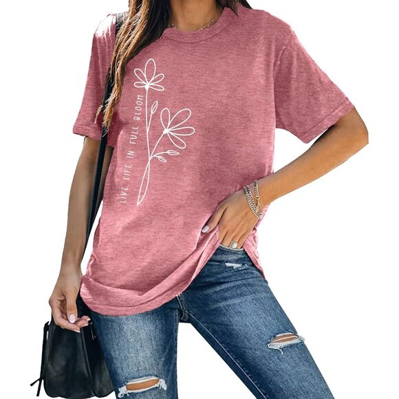 🆕Women Pink Cotton Floral T-Shirt  Life Full Bloom Short Sleeve Inspirational - Picture 3 of 6